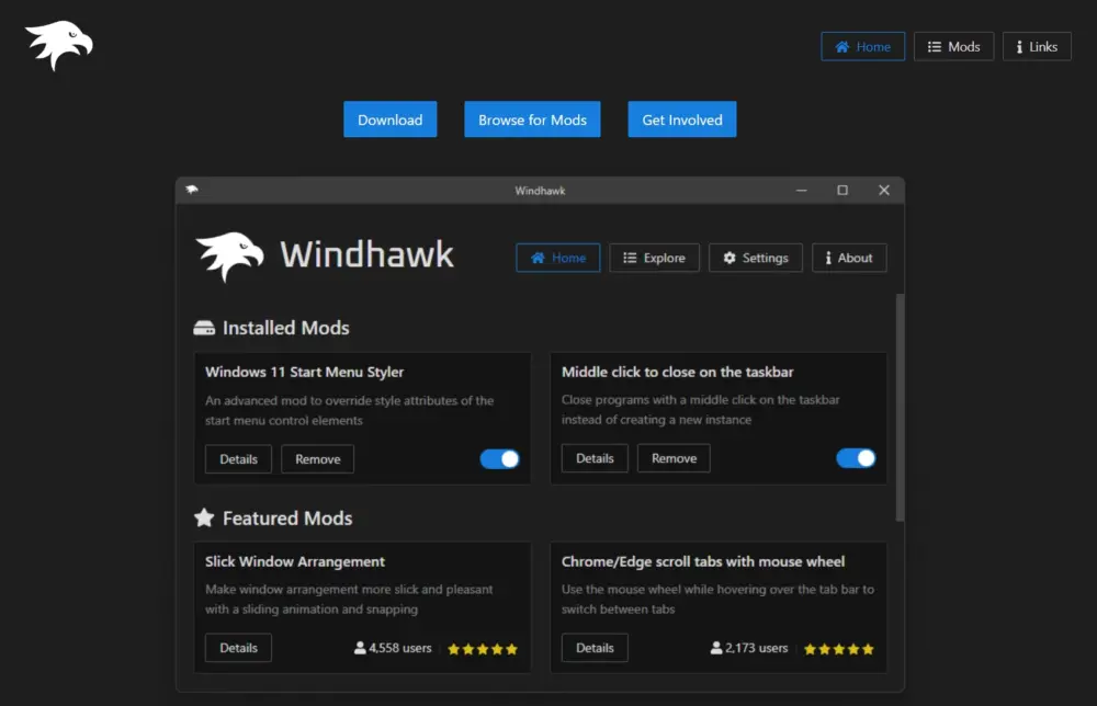 Screenshot of the Windhawk app showing a list of mods you can add to Windows. You can turn each mod on, off, or delete it. This easy tool is great for people who want to customize Windows or find hidden features.