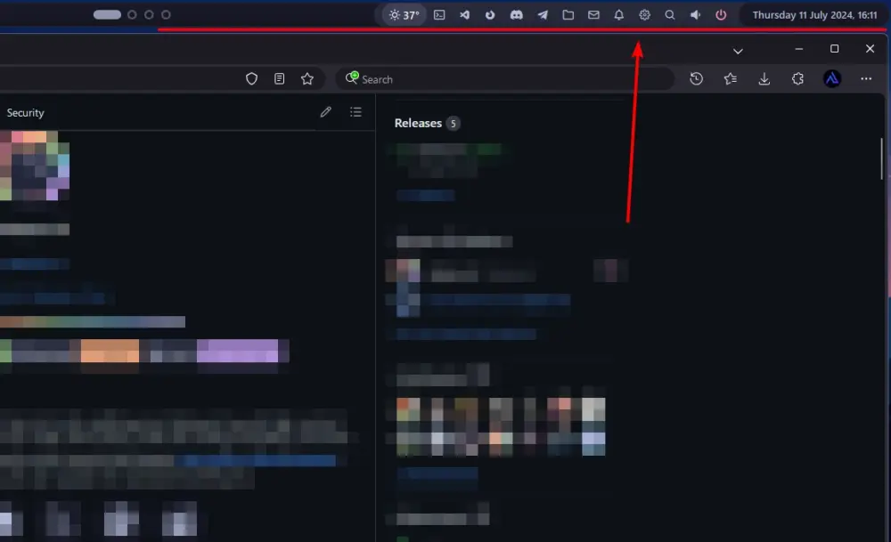 A computer screen shows YASB Reborn in dark mode with the content blurred. There is a red arrow pointing at the top menu bar, and you can see the date and time: Thursday 11 July 2024, 16:11.