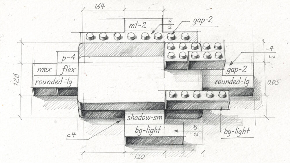 CSS development: Lego blocks showing "mex flex", "mt-2", "gap-2", "shadow-sm", and "bg-light" labels.