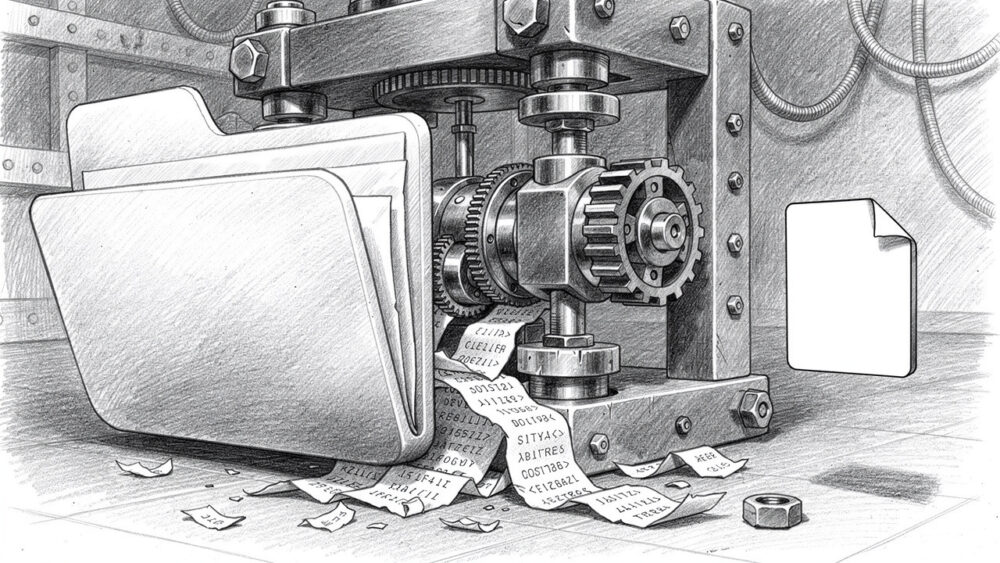 Mechanical press crushing a folder with documents. Data processing concept.