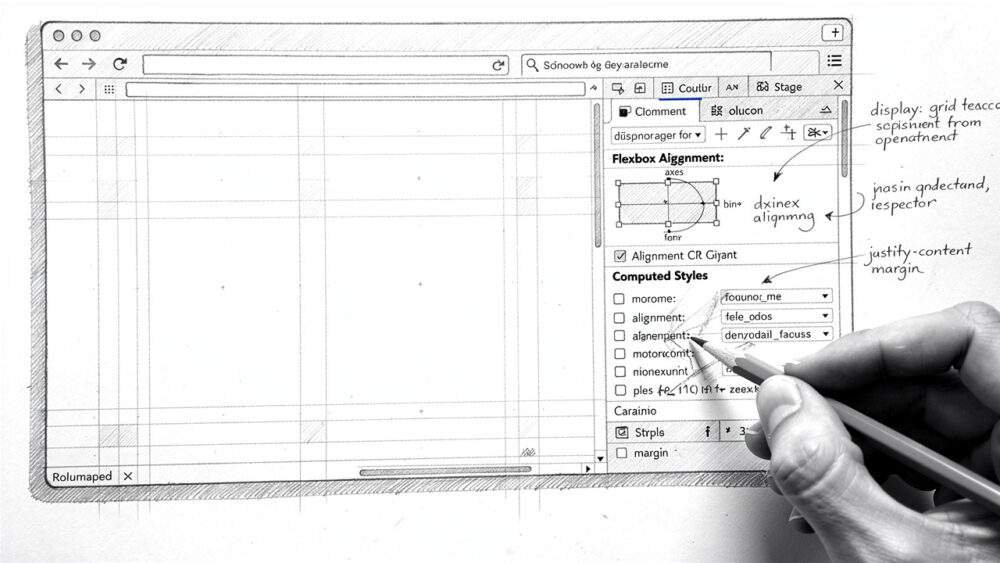 CSS development tool interface showing flexbox alignment, computed styles, and margin settings.