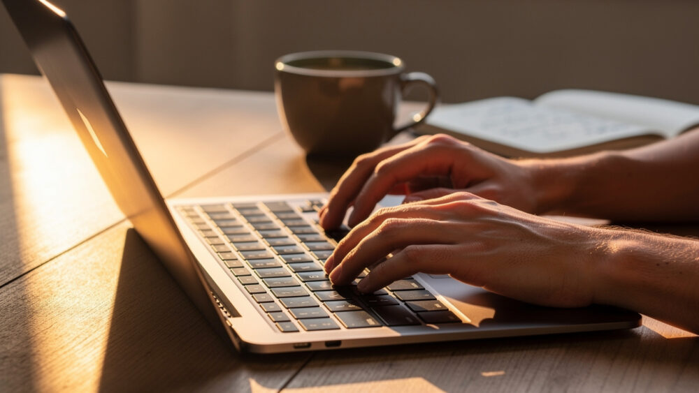 Hands typing on a laptop keyboard, with a coffee mug and notebook in the background.
