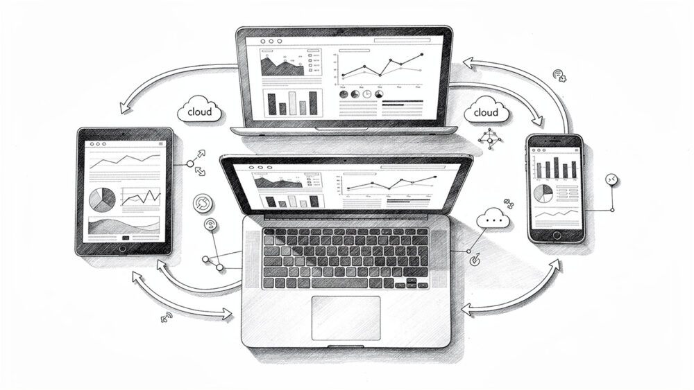 Devices showing charts connected via cloud, data sync illustration.