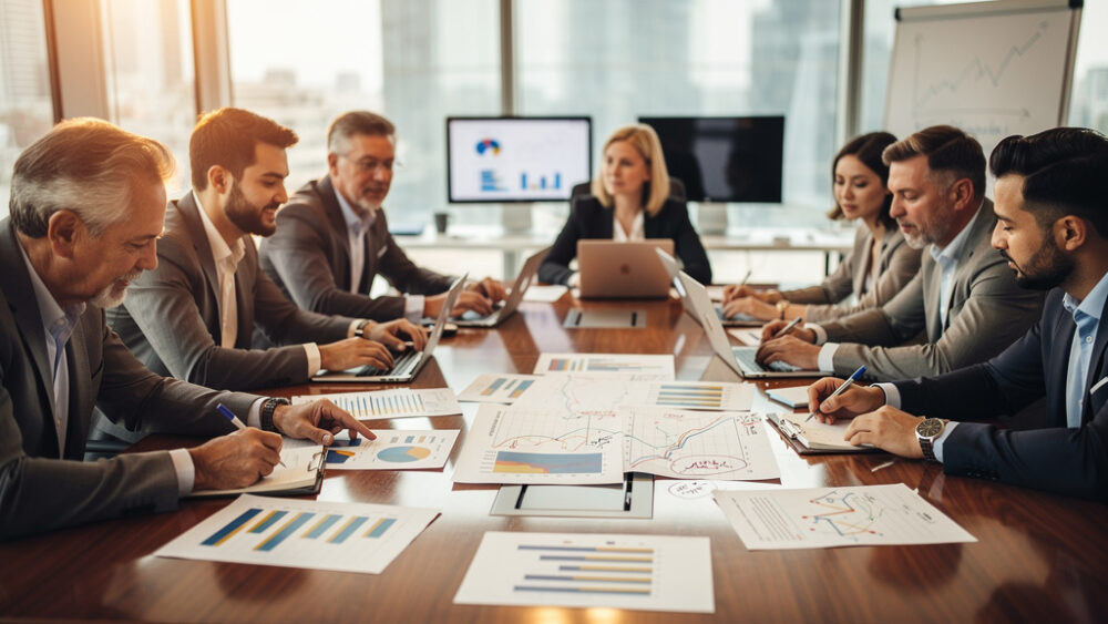 Business meeting with executives reviewing charts and graphs on chatbot performance.