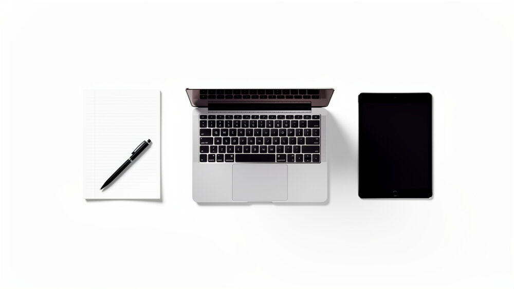 Workspace with laptop, tablet, notepad, and pen on a clean white surface.