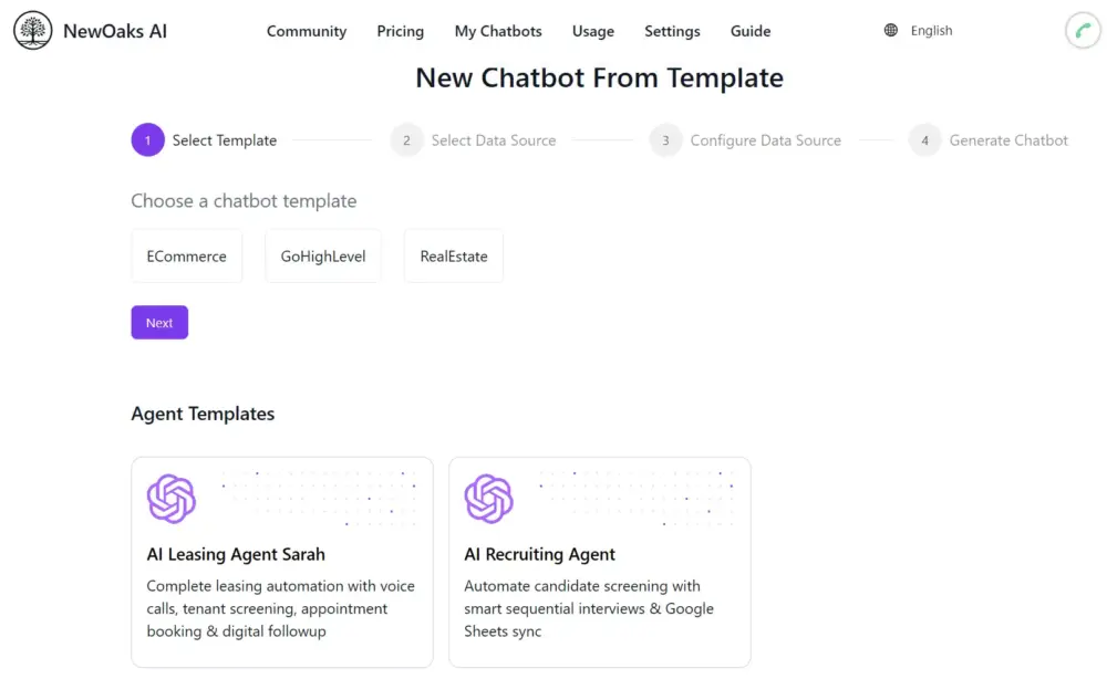 NewOaks AI platform for building AI chatbots from templates: eCommerce, GoHighLevel, RealEstate, AI Leasing Agent, AI Recruiting Agent.
